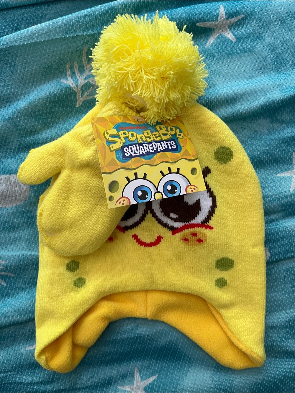 SpongeBob SquarePants Yellow Kids Pom-Pom Earflap Hat with Mittens- osfm